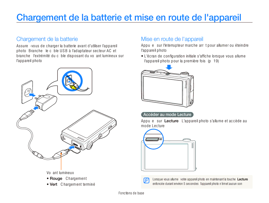 Samsung EC-ST5500BPBE1 manual Chargement de la batterie et mise en route de lappareil, Mise en route de lappareil 