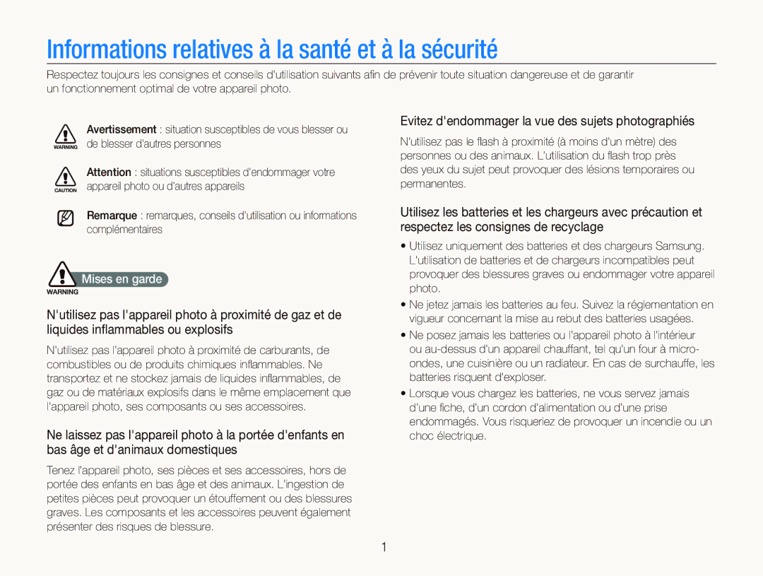 Samsung EC-ST5500BPBE1 manual Informations relatives à la santé et à la sécurité, Mises en garde 