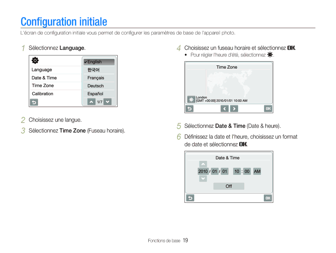 Samsung EC-ST5500BPBE1 manual Conﬁguration initiale, Sélectionnez Date & Time Date & heure, De date et sélectionnez 
