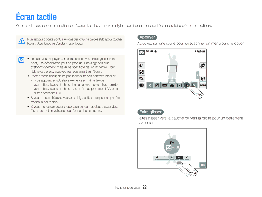 Samsung EC-ST5500BPBE1 manual Écran tactile, Appuyer, Faire glisser 