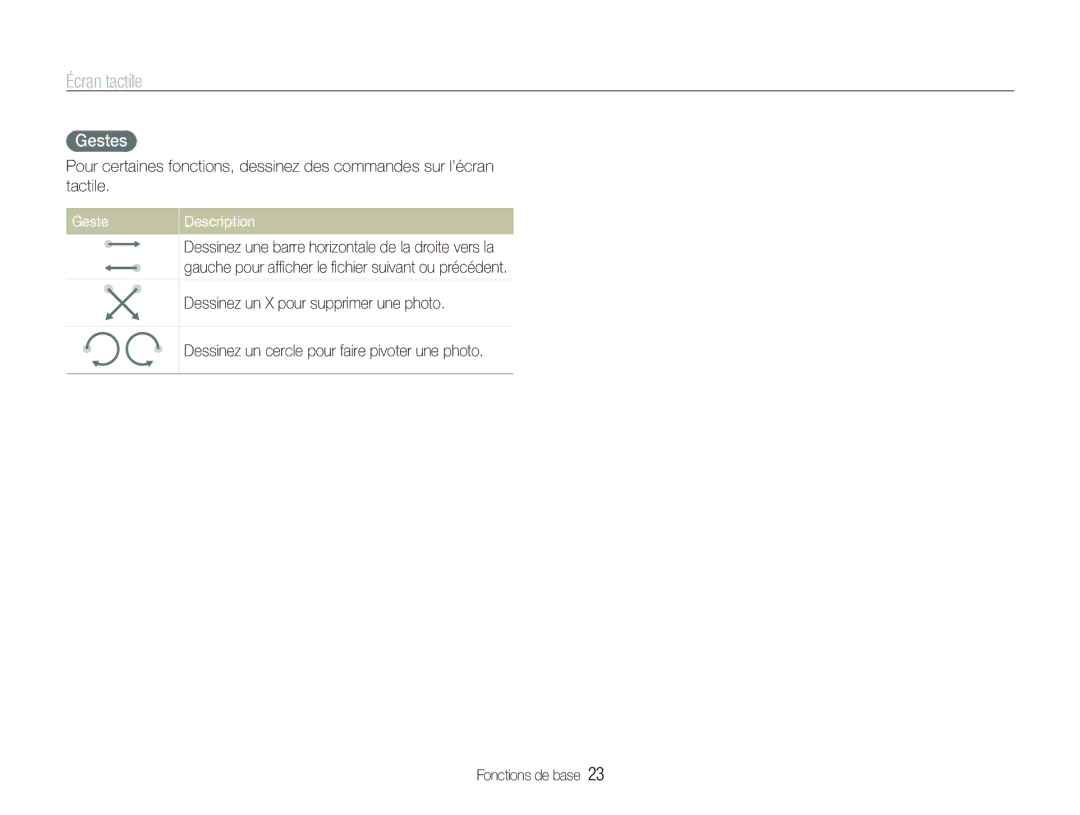 Samsung EC-ST5500BPBE1 manual Écran tactile, Gestes, Geste Description 