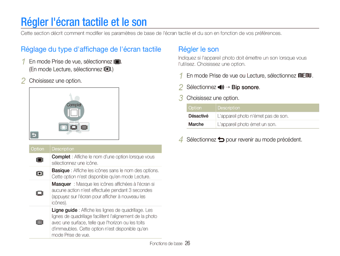 Samsung EC-ST5500BPBE1 manual Régler lécran tactile et le son, Réglage du type dafﬁchage de lécran tactile, Régler le son 