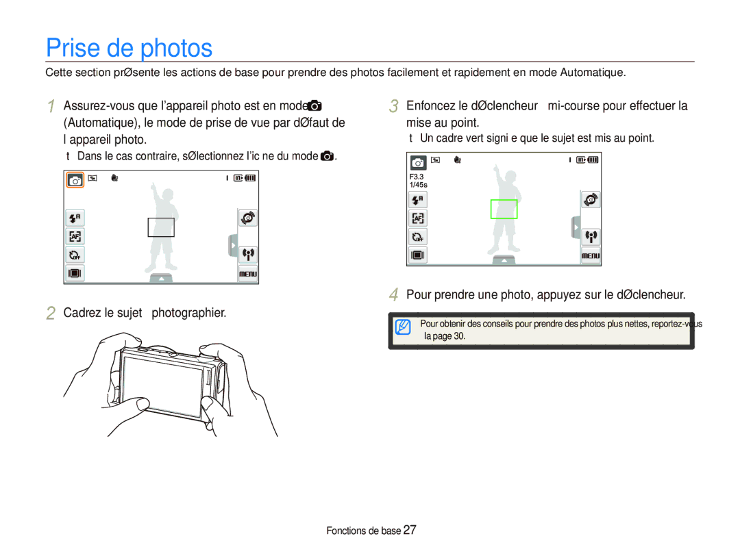 Samsung EC-ST5500BPBE1 manual Prise de photos, Pour prendre une photo, appuyez sur le déclencheur 