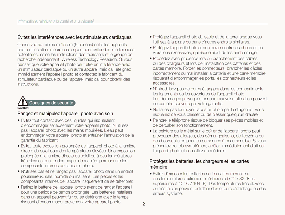 Samsung EC-ST5500BPBE1 Informations relatives à la santé et à la sécurité, Rangez et manipulez lappareil photo avec soin 