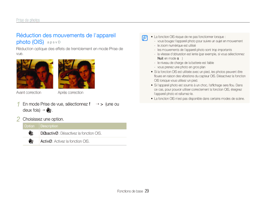 Samsung EC-ST5500BPBE1 manual Réduction des mouvements de lappareil photo OIS, Option Description 
