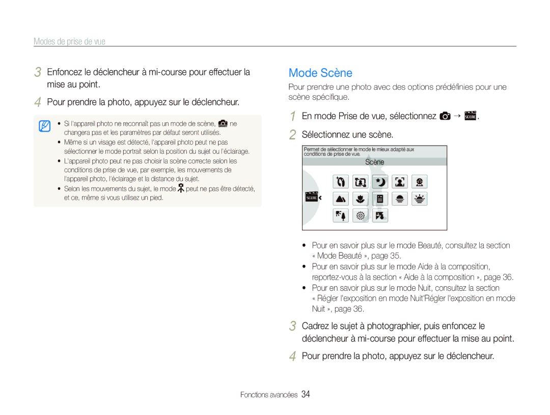 Samsung EC-ST5500BPBE1 manual Mode Scène, Modes de prise de vue 