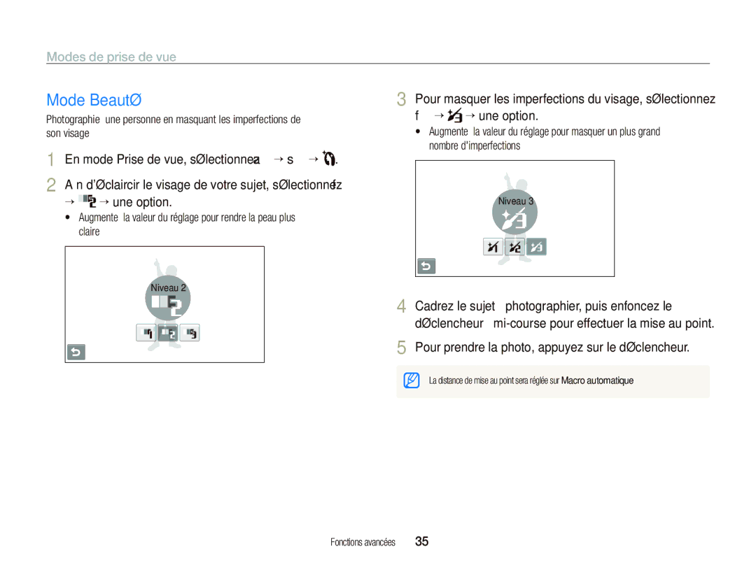 Samsung EC-ST5500BPBE1 manual Mode Beauté, ““ ““une option, Aﬁn déclaircir le visage de votre sujet, sélectionnez f 
