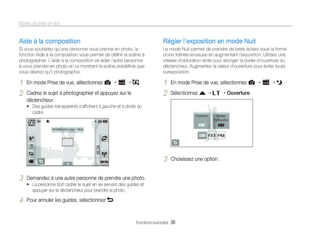 Samsung EC-ST5500BPBE1 manual Aide à la composition, Régler lexposition en mode Nuit, Pour annuler les guides, sélectionnez 