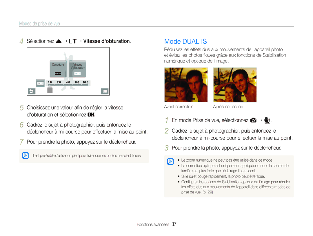 Samsung EC-ST5500BPBE1 manual Sélectionnez f “ ““Vitesse dobturation, En mode Prise de vue, sélectionnez a ““d 