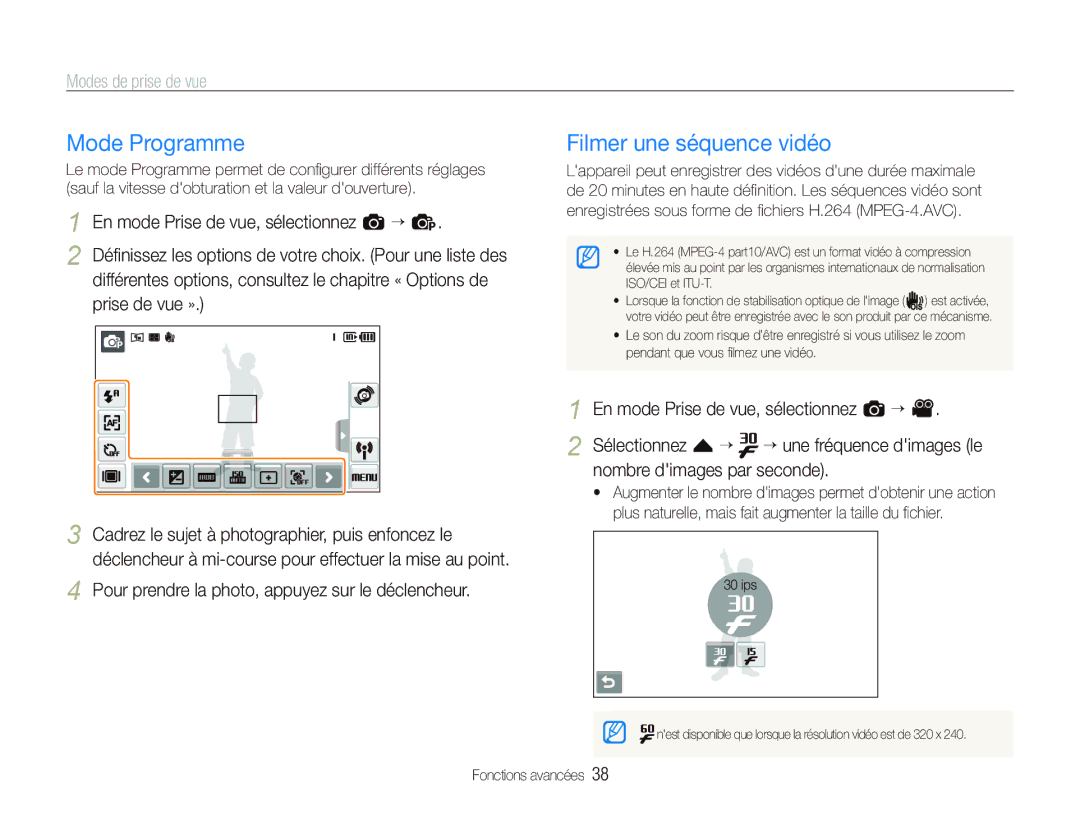 Samsung EC-ST5500BPBE1 manual Mode Programme, Filmer une séquence vidéo 