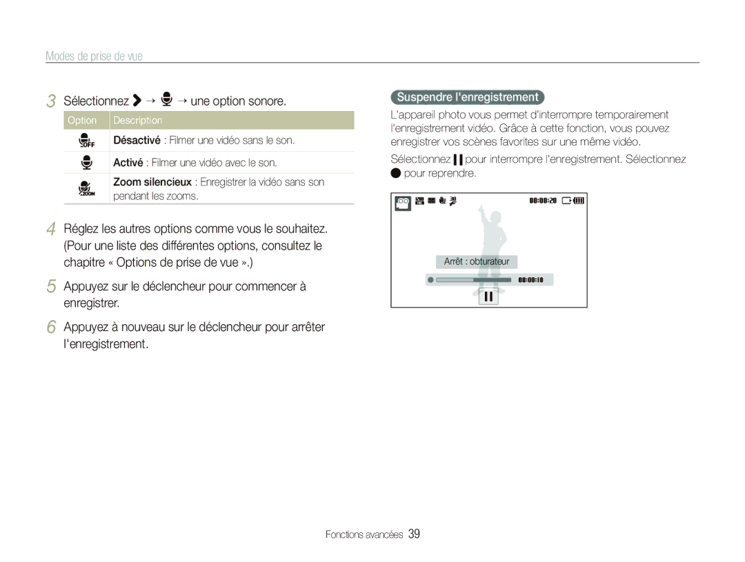 Samsung EC-ST5500BPBE1 manual Sélectionnez ““ ““une option sonore, Suspendre lenregistrement 