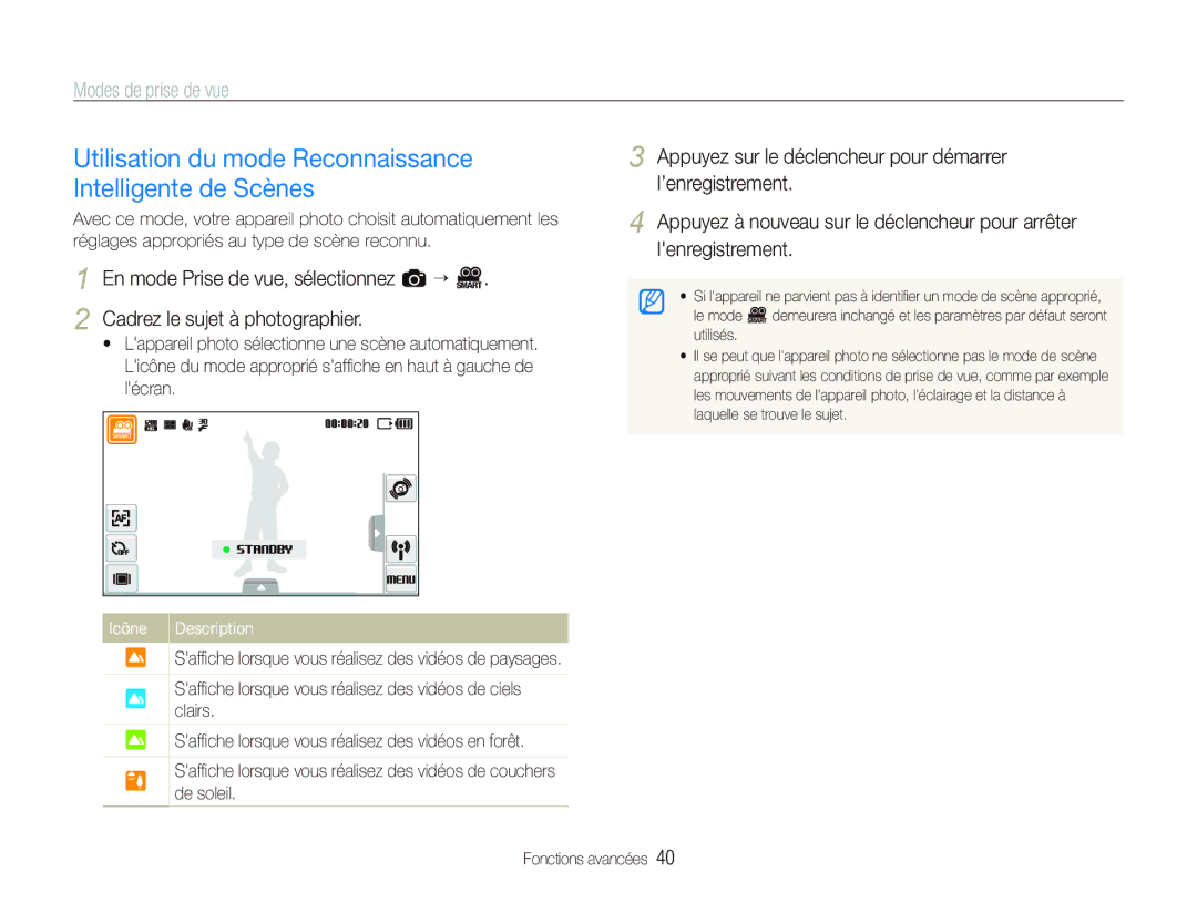 Samsung EC-ST5500BPBE1 manual Utilisation du mode Reconnaissance Intelligente de Scènes, Cadrez le sujet à photographier 