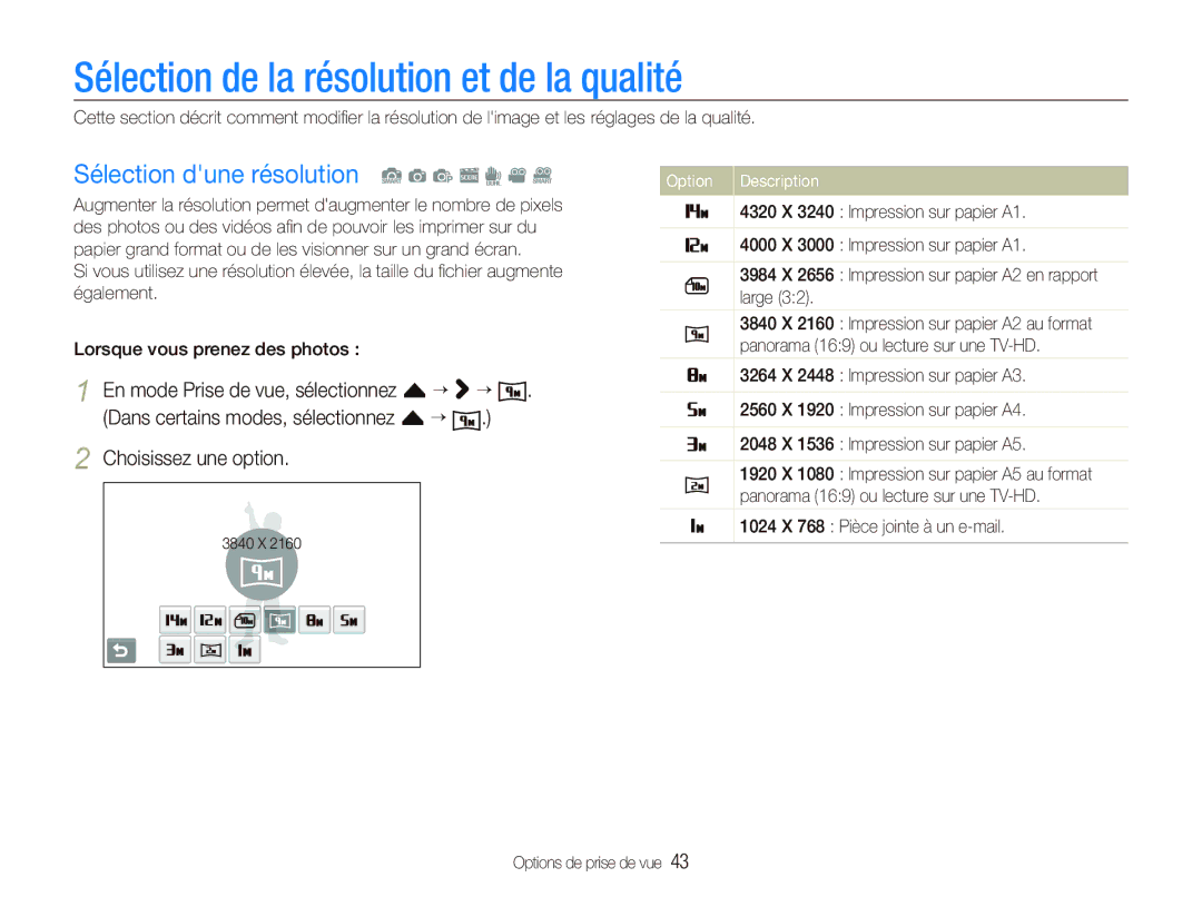 Samsung EC-ST5500BPBE1 manual Sélection de la résolution et de la qualité, Sélection dune résolution S a p s d v D 