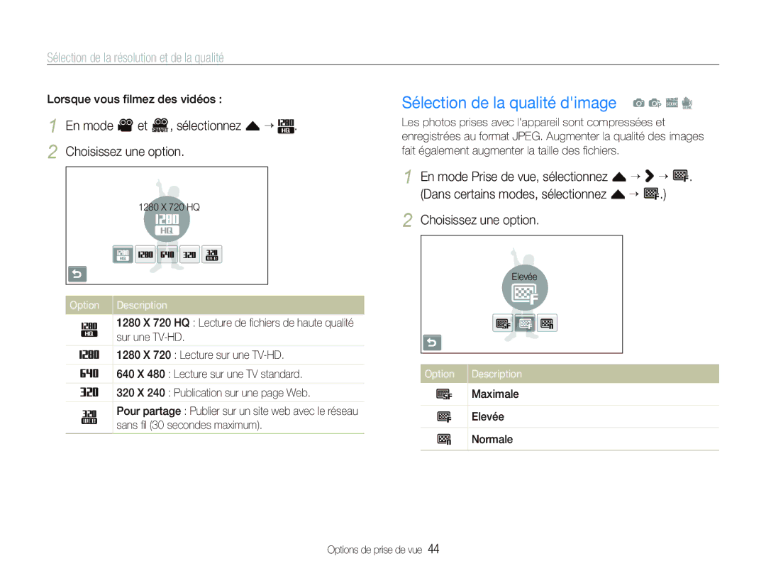 Samsung EC-ST5500BPBE1 manual Sélection de la qualité dimage a p s d, Sélection de la résolution et de la qualité, Option 