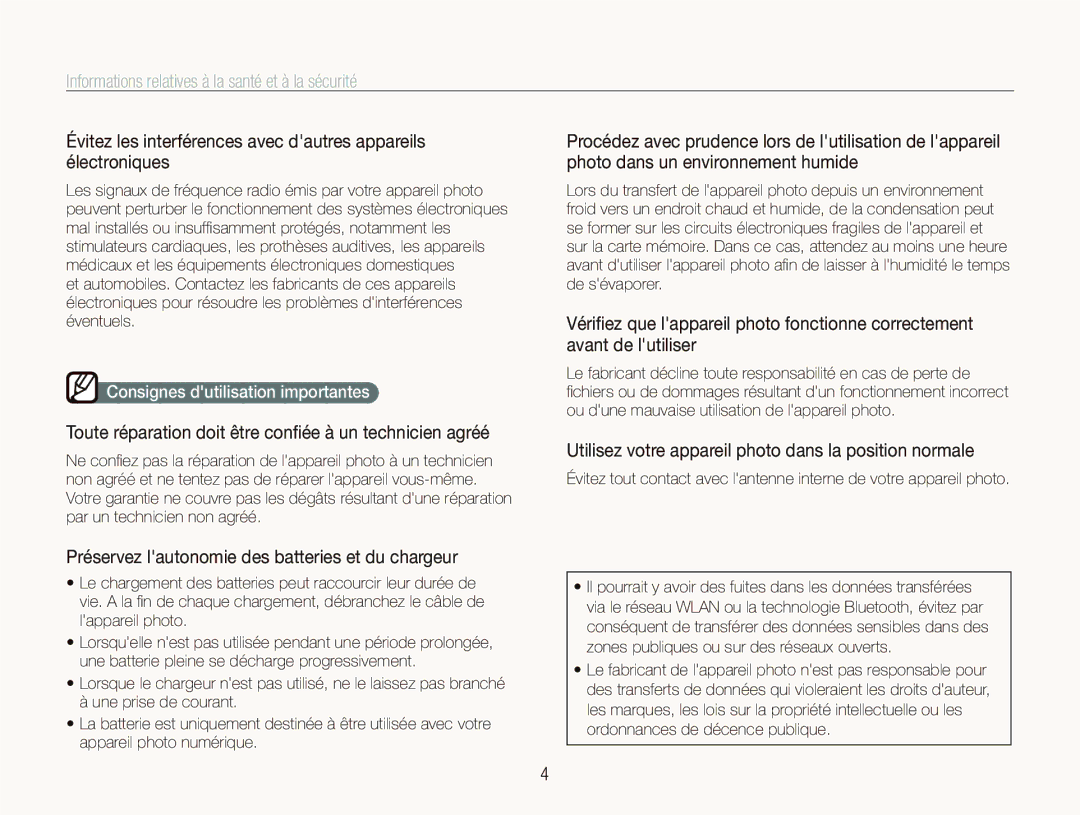 Samsung EC-ST5500BPBE1 manual Toute réparation doit être conﬁée à un technicien agréé, Consignes dutilisation importantes 