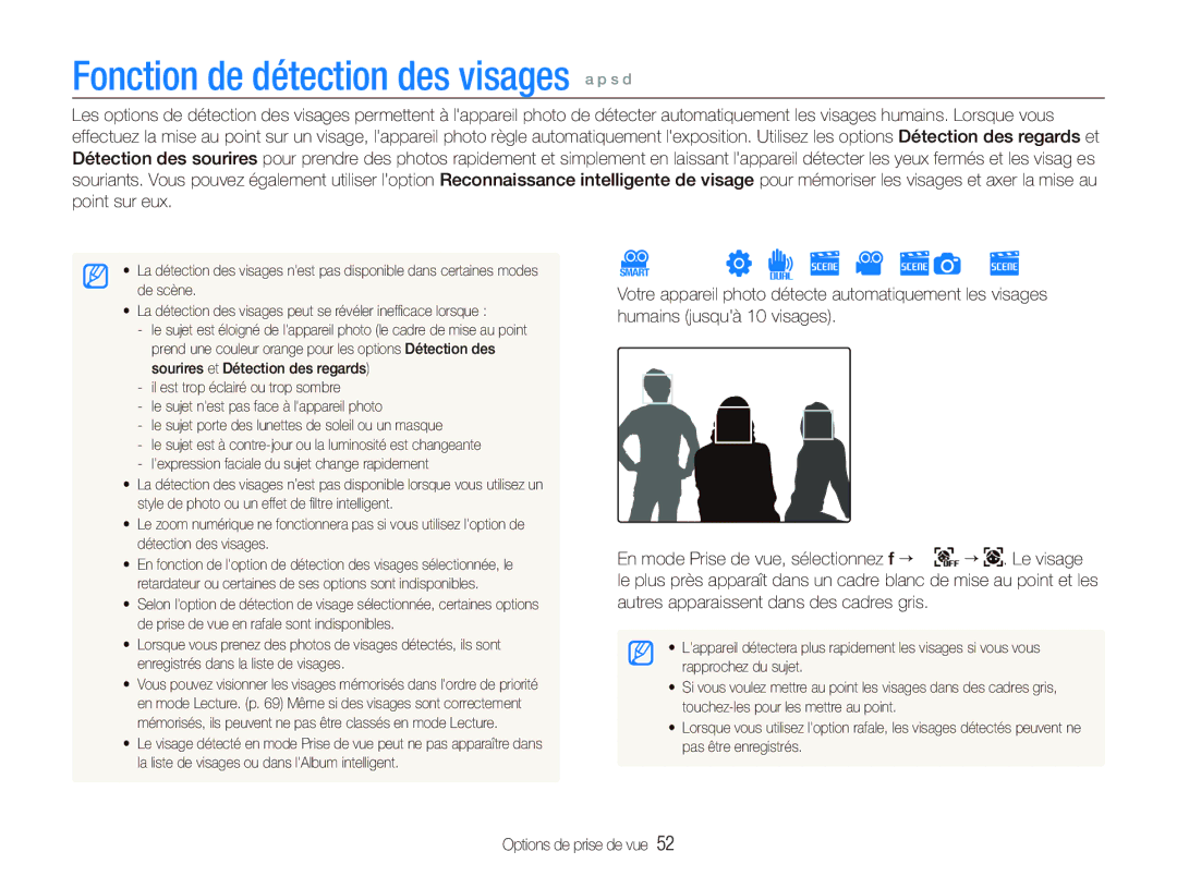 Samsung EC-ST5500BPBE1 manual Fonction de détection des visages a p s d, Détection des visages 