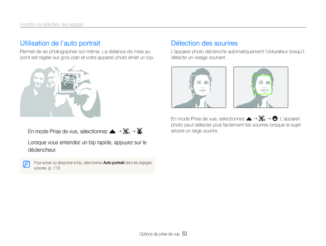 Samsung EC-ST5500BPBE1 manual Utilisation de lauto portrait, Détection des sourires, Fonction de détection des visages 