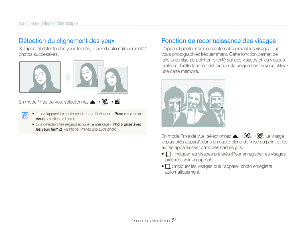 Samsung EC-ST5500BPBE1 manual Détection du clignement des yeux, Fonction de reconnaissance des visages 