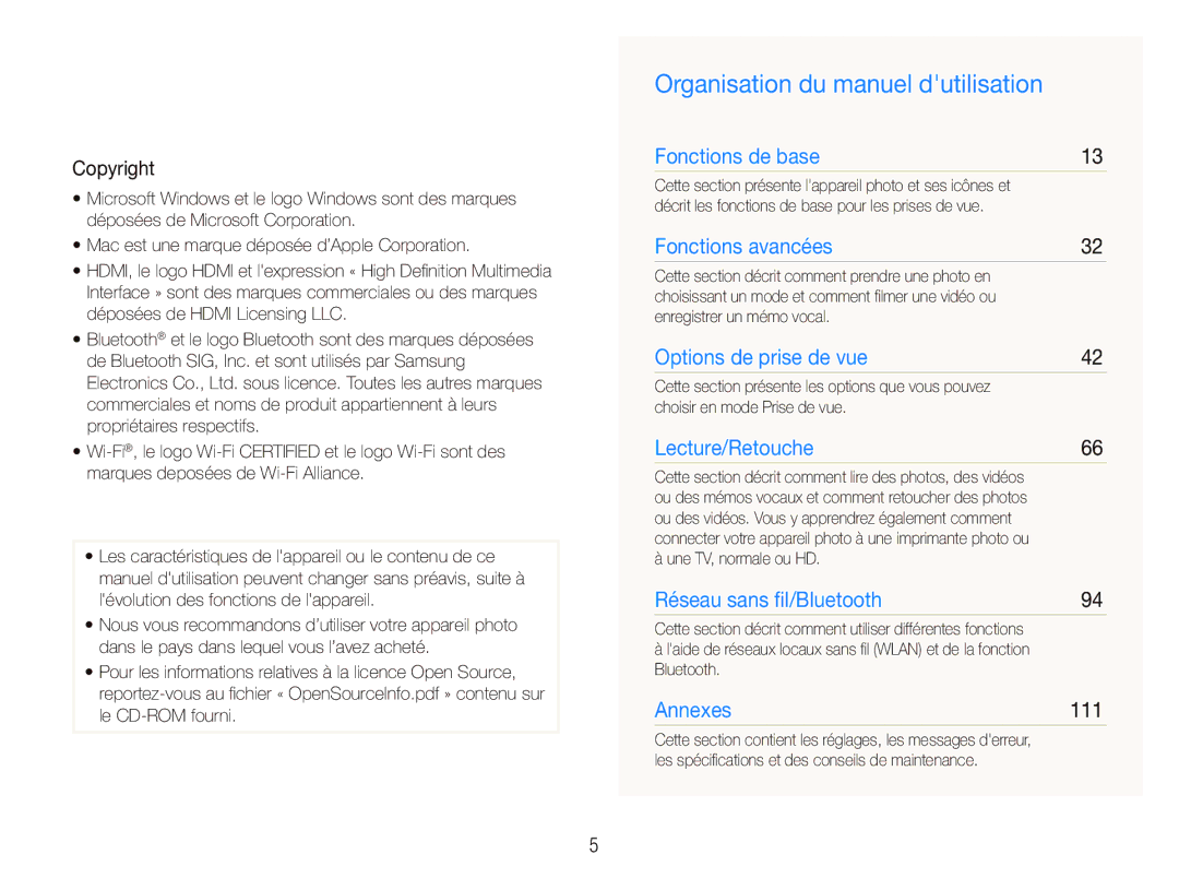 Samsung EC-ST5500BPBE1 Organisation du manuel dutilisation, Copyright, Enregistrer un mémo vocal, Une TV, normale ou HD 