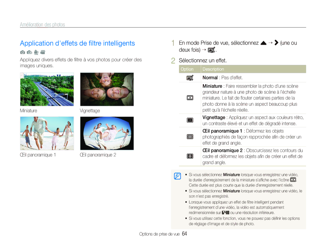 Samsung EC-ST5500BPBE1 manual Application deffets de ﬁltre intelligents, Amélioration des photos 