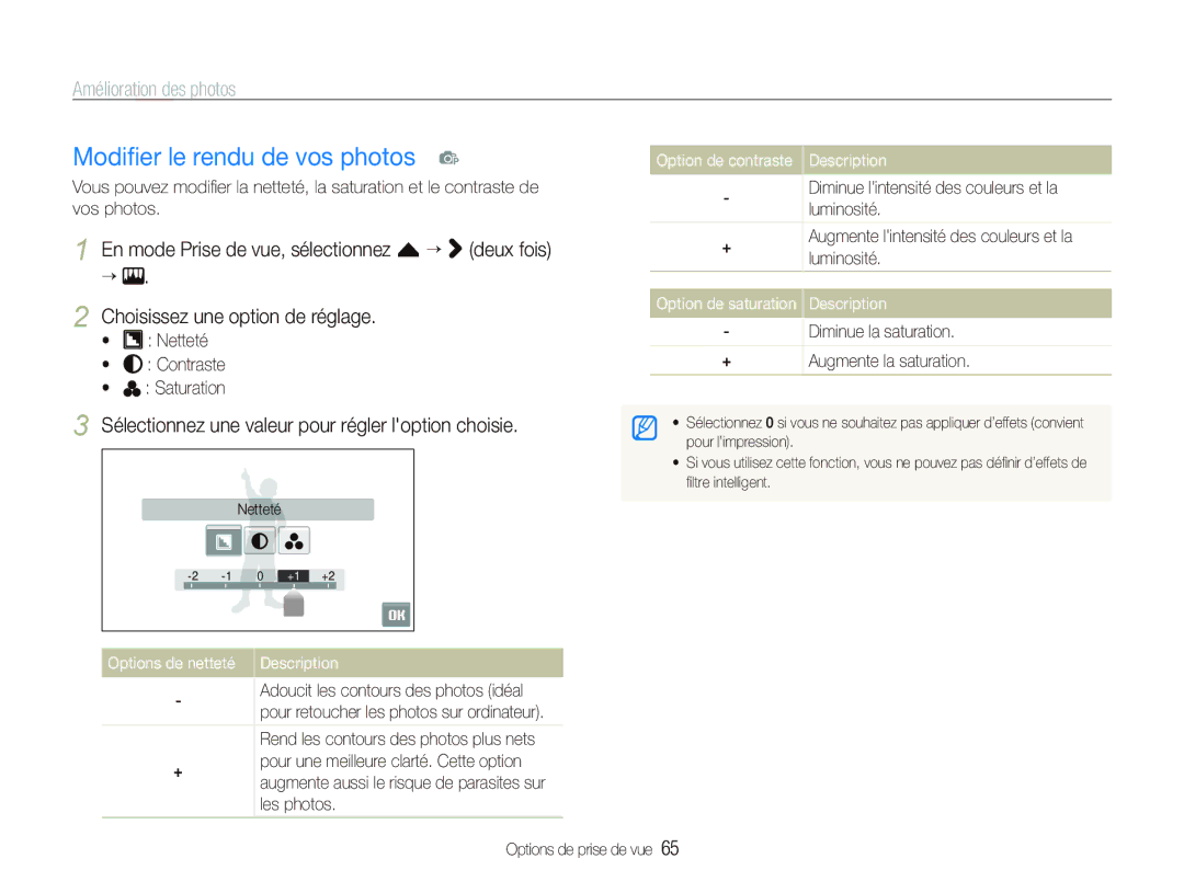 Samsung EC-ST5500BPBE1 Modiﬁer le rendu de vos photos p, Option de contraste Description, Option de saturation Description 