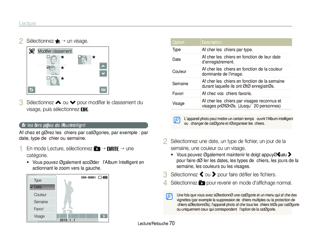 Samsung EC-ST5500BPBE1 manual Sélectionnez “ un visage, En mode Lecture, sélectionnez “ “ une catégorie 