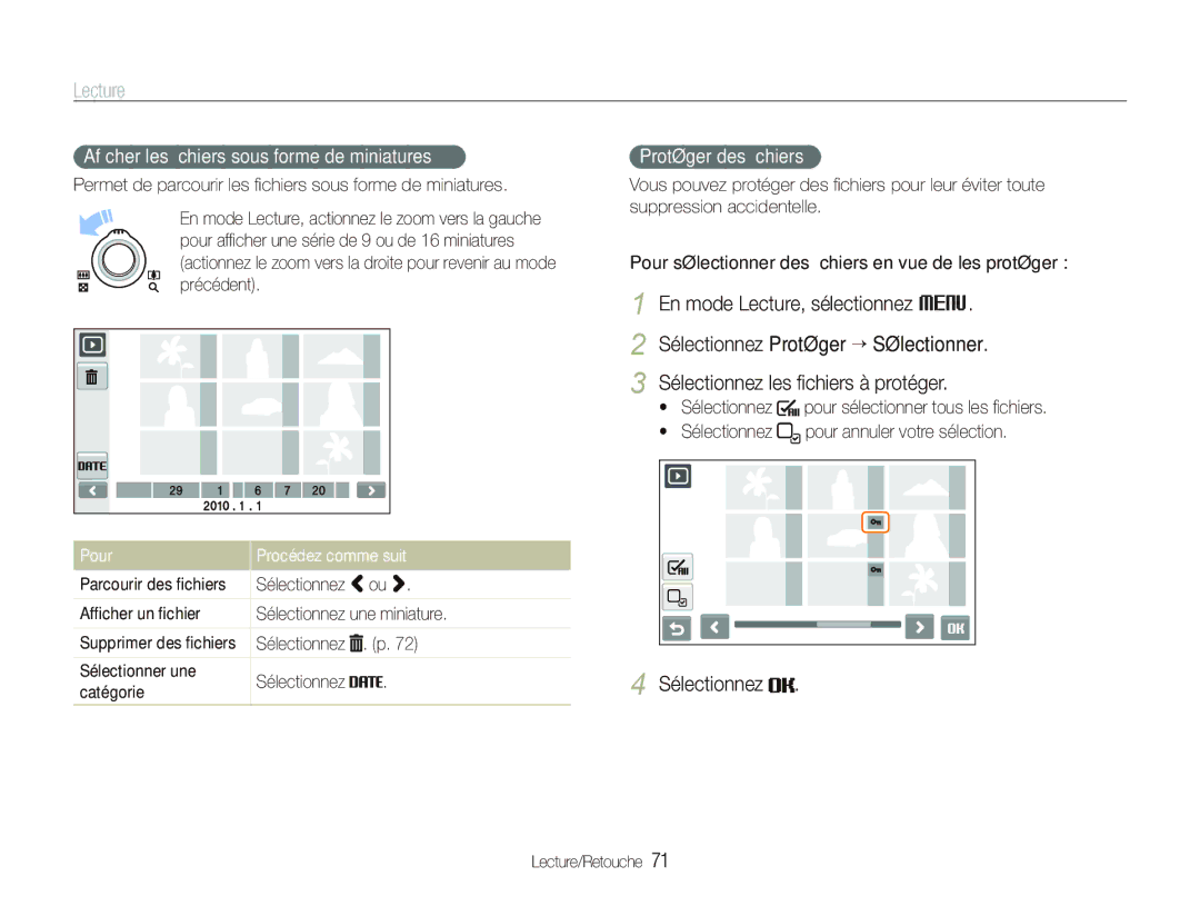 Samsung EC-ST5500BPBE1 manual Afﬁcher les ﬁchiers sous forme de miniatures, Protéger des ﬁchiers, Pour Procédez comme suit 