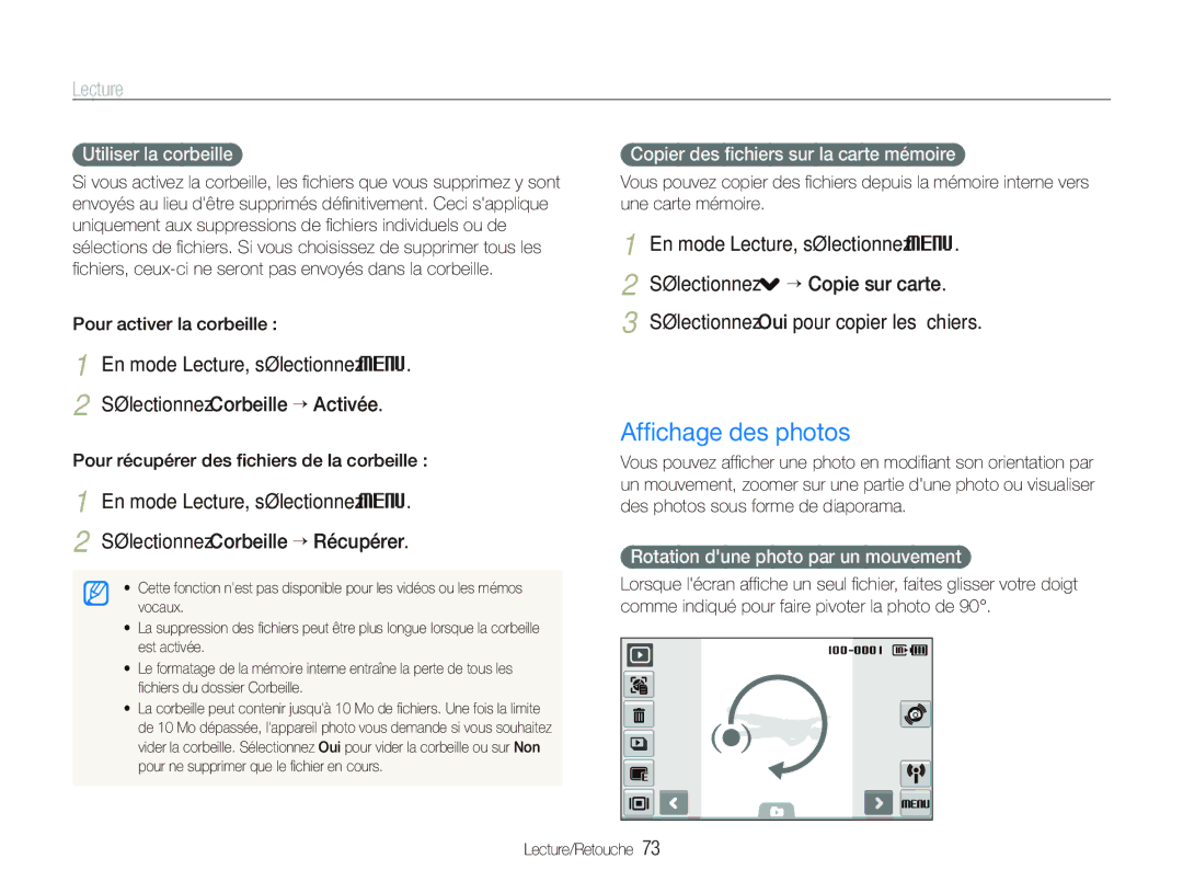 Samsung EC-ST5500BPBE1 manual Afﬁchage des photos, Utiliser la corbeille, Copier des ﬁchiers sur la carte mémoire 