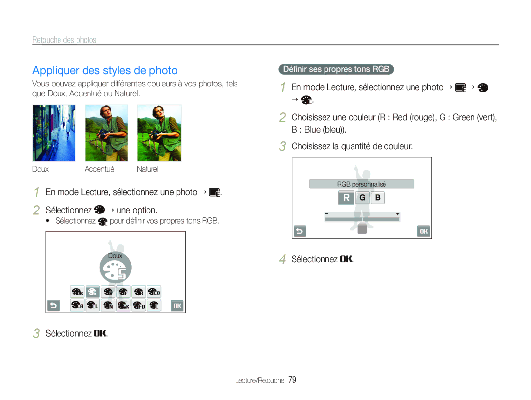 Samsung EC-ST5500BPBE1 manual Appliquer des styles de photo, Retouche des photos 