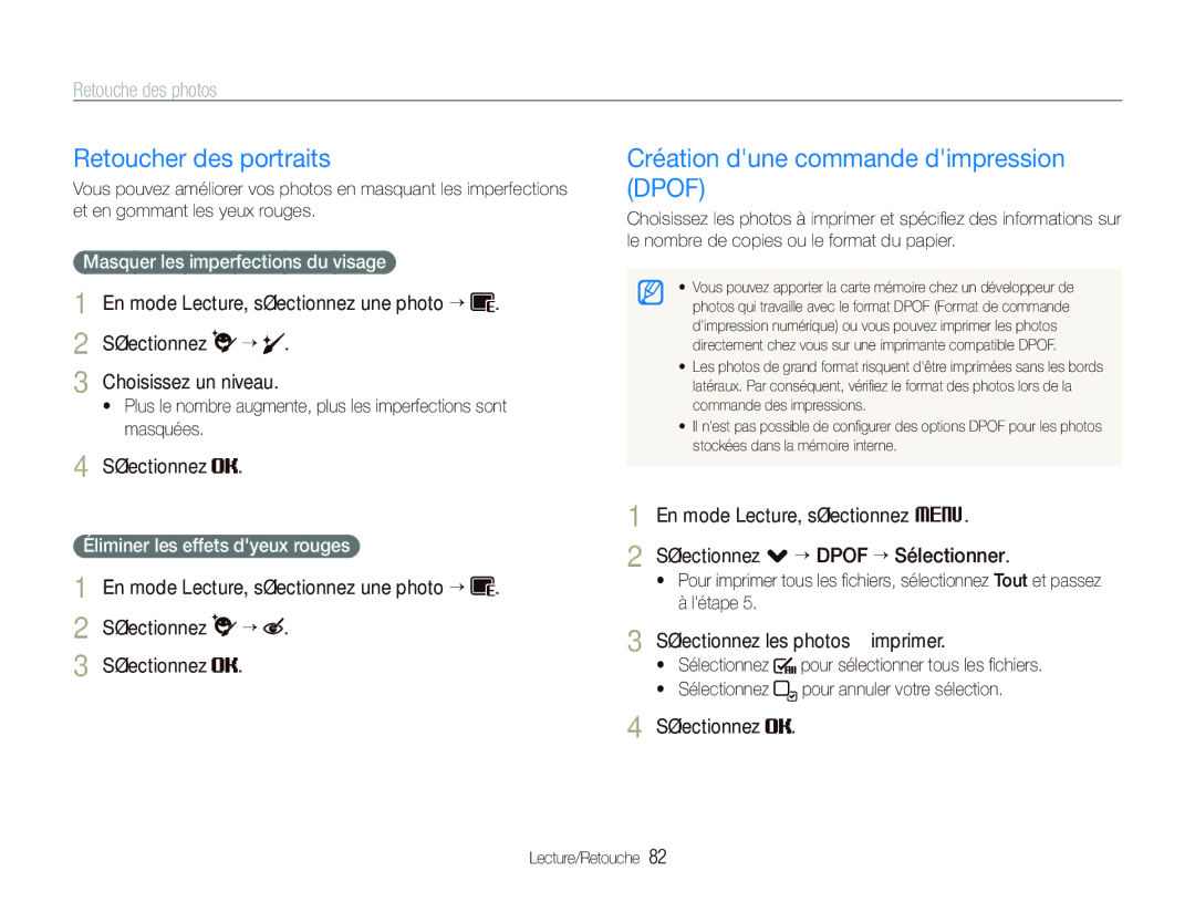 Samsung EC-ST5500BPBE1 manual Retoucher des portraits, Création dune commande dimpression Dpof, Choisissez un niveau 