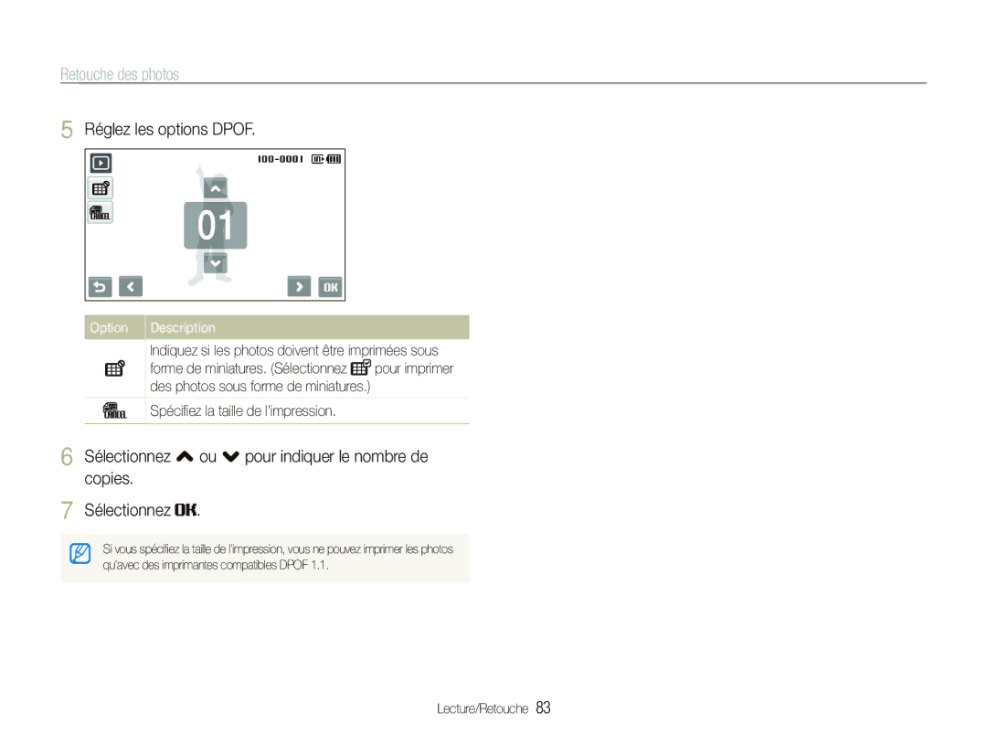 Samsung EC-ST5500BPBE1 manual Réglez les options Dpof, Sélectionnez , ou . pour indiquer le nombre de copies 