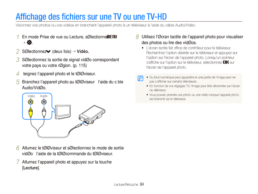 Samsung EC-ST5500BPBE1 manual Afﬁchage des ﬁchiers sur une TV ou une TV-HD 