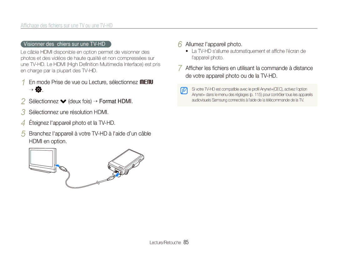 Samsung EC-ST5500BPBE1 manual Afﬁchage des ﬁchiers sur une TV ou une TV-HD, Visionner des ﬁchiers sur une TV-HD 