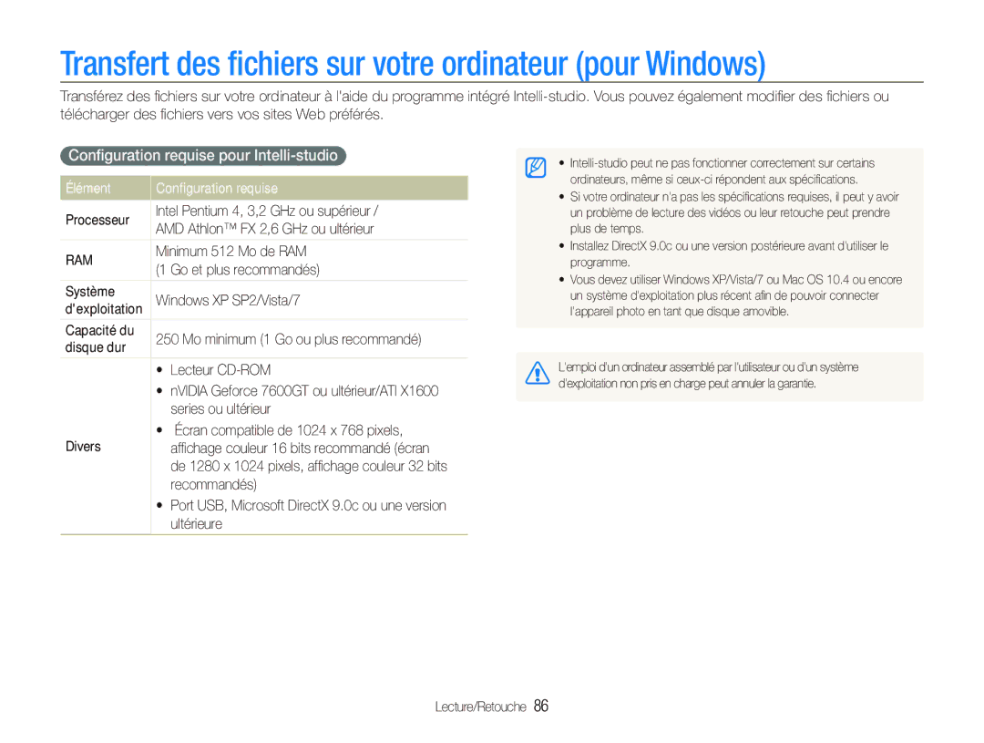 Samsung EC-ST5500BPBE1 Transfert des ﬁchiers sur votre ordinateur pour Windows, Conﬁguration requise pour Intelli-studio 