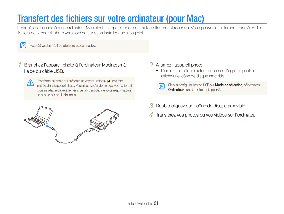 Samsung EC-ST5500BPBE1 manual Transfert des ﬁchiers sur votre ordinateur pour Mac 