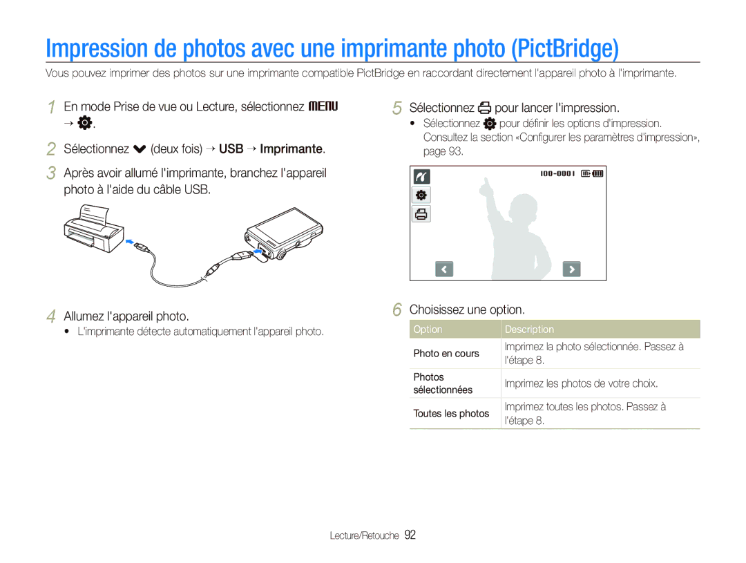 Samsung EC-ST5500BPBE1 Impression de photos avec une imprimante photo PictBridge, Sélectionnez pour lancer limpression 