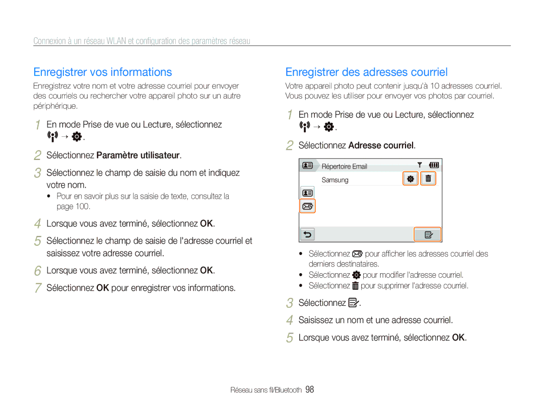 Samsung EC-ST5500BPBE1 manual Enregistrer vos informations, Enregistrer des adresses courriel 