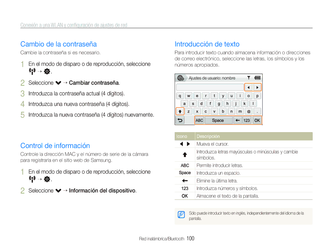 Samsung EC-ST5500BPBE1 manual Cambio de la contraseña, Control de información, Introducción de texto 