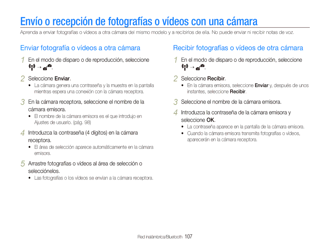 Samsung EC-ST5500BPBE1 Envío o recepción de fotografías o vídeos con una cámara, Seleccione Enviar Seleccione Recibir 