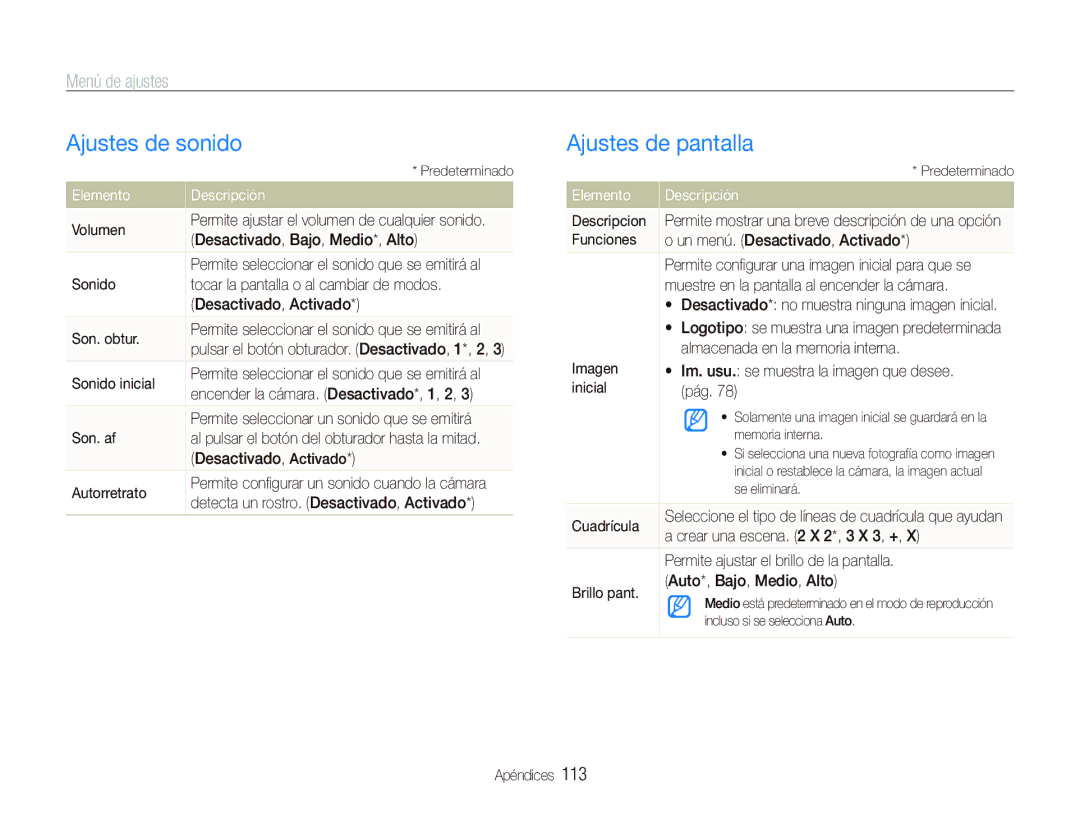 Samsung EC-ST5500BPBE1 manual Ajustes de sonido, Ajustes de pantalla, Menú de ajustes, Elemento Descripción 