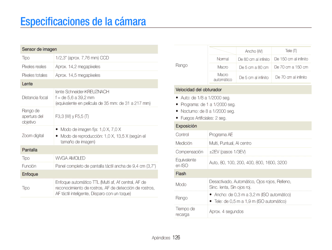 Samsung EC-ST5500BPBE1 manual Especiﬁcaciones de la cámara 