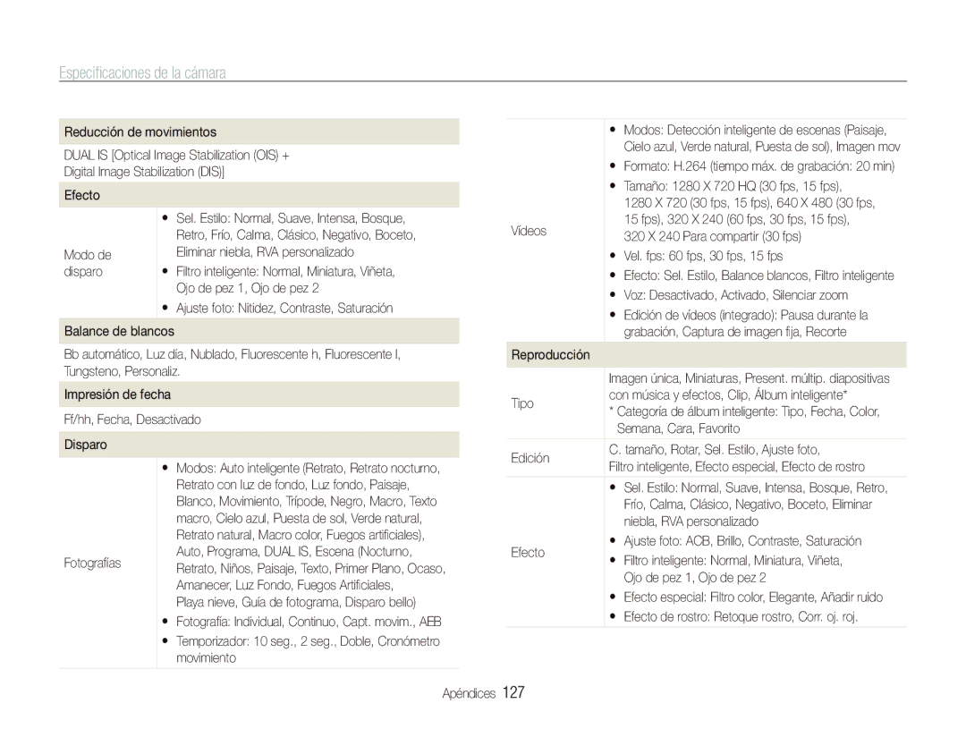Samsung EC-ST5500BPBE1 manual Especiﬁcaciones de la cámara, 127 