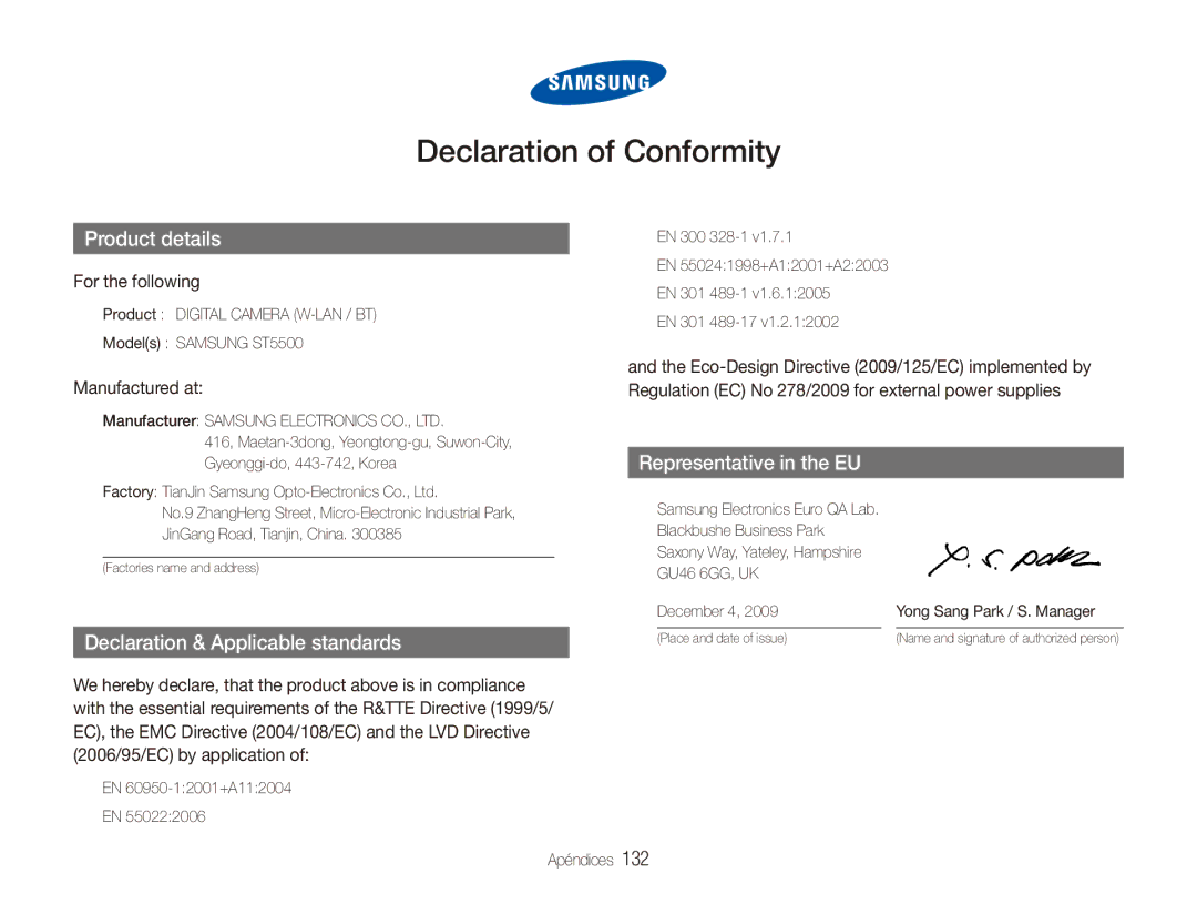 Samsung EC-ST5500BPBE1 manual For the following, Manufactured at 