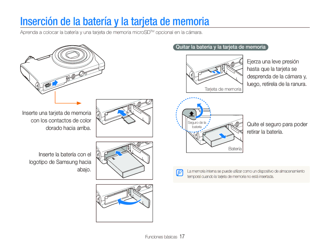 Samsung EC-ST5500BPBE1 manual Inserción de la batería y la tarjeta de memoria, Retirar la batería 