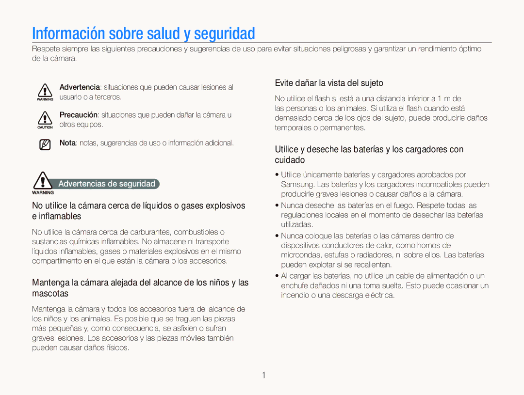 Samsung EC-ST5500BPBE1 manual Evite dañar la vista del sujeto, Utilice y deseche las baterías y los cargadores con cuidado 