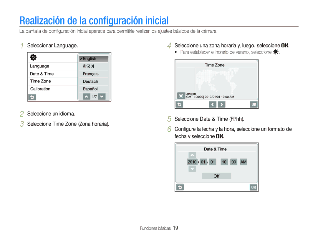 Samsung EC-ST5500BPBE1 manual Realización de la conﬁguración inicial, Seleccione Date & Time Ff/hh, Fecha y seleccione 