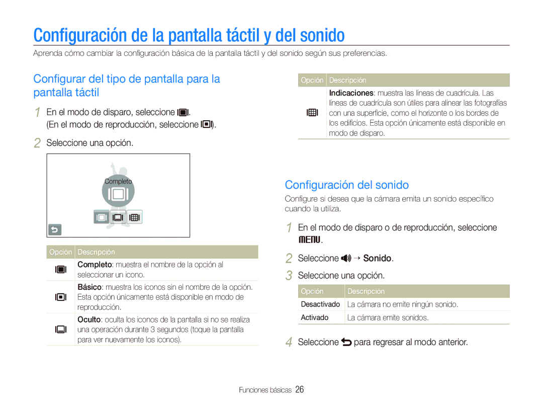 Samsung EC-ST5500BPBE1 manual Conﬁguración de la pantalla táctil y del sonido, Conﬁguración del sonido 