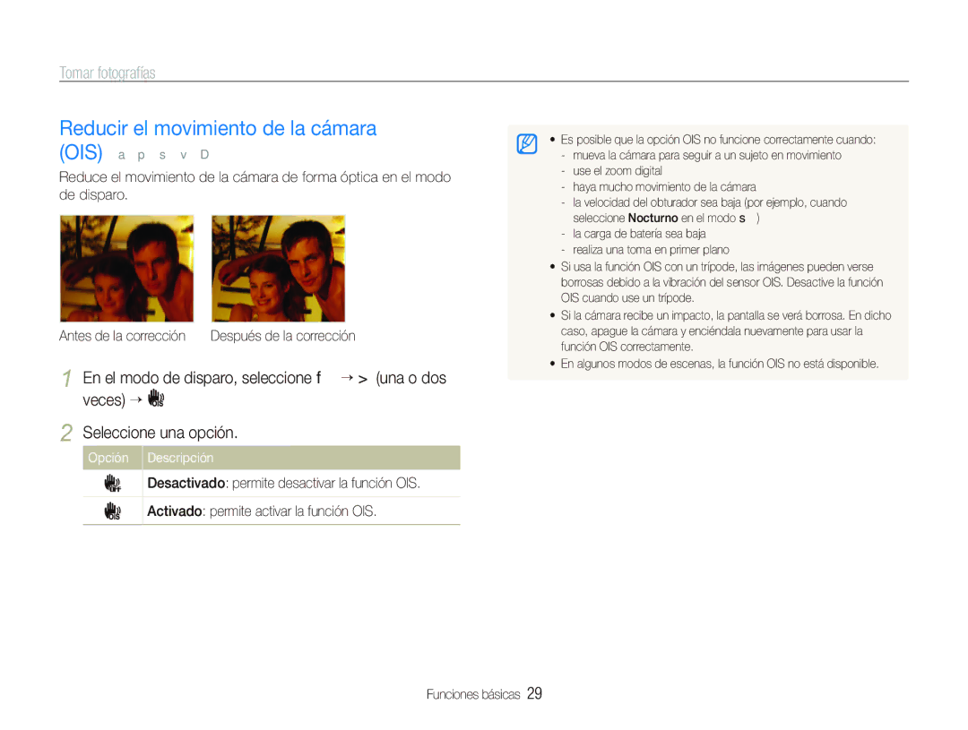 Samsung EC-ST5500BPBE1 manual Reducir el movimiento de la cámara OIS, Opción Descripción 