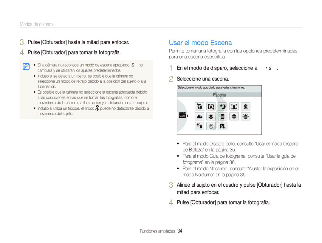 Samsung EC-ST5500BPBE1 manual Usar el modo Escena, Modos de disparo 