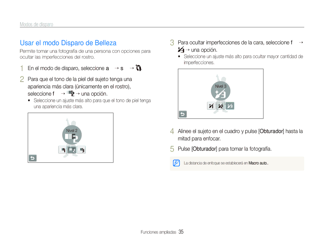Samsung EC-ST5500BPBE1 manual Usar el modo Disparo de Belleza, Seleccione f ““ ““una opción 